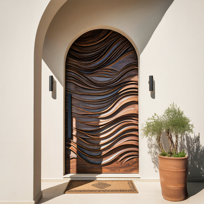 Artistic Arched Front Door With Wavy Sculpted Design For Villa