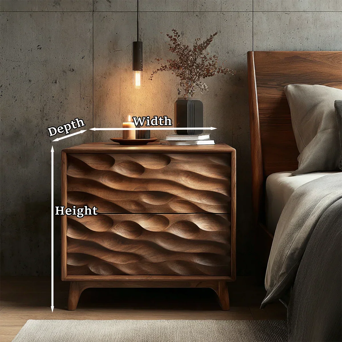 Statement bedroom nightstand featuring dramatic carved texture and polished walnut tone finish