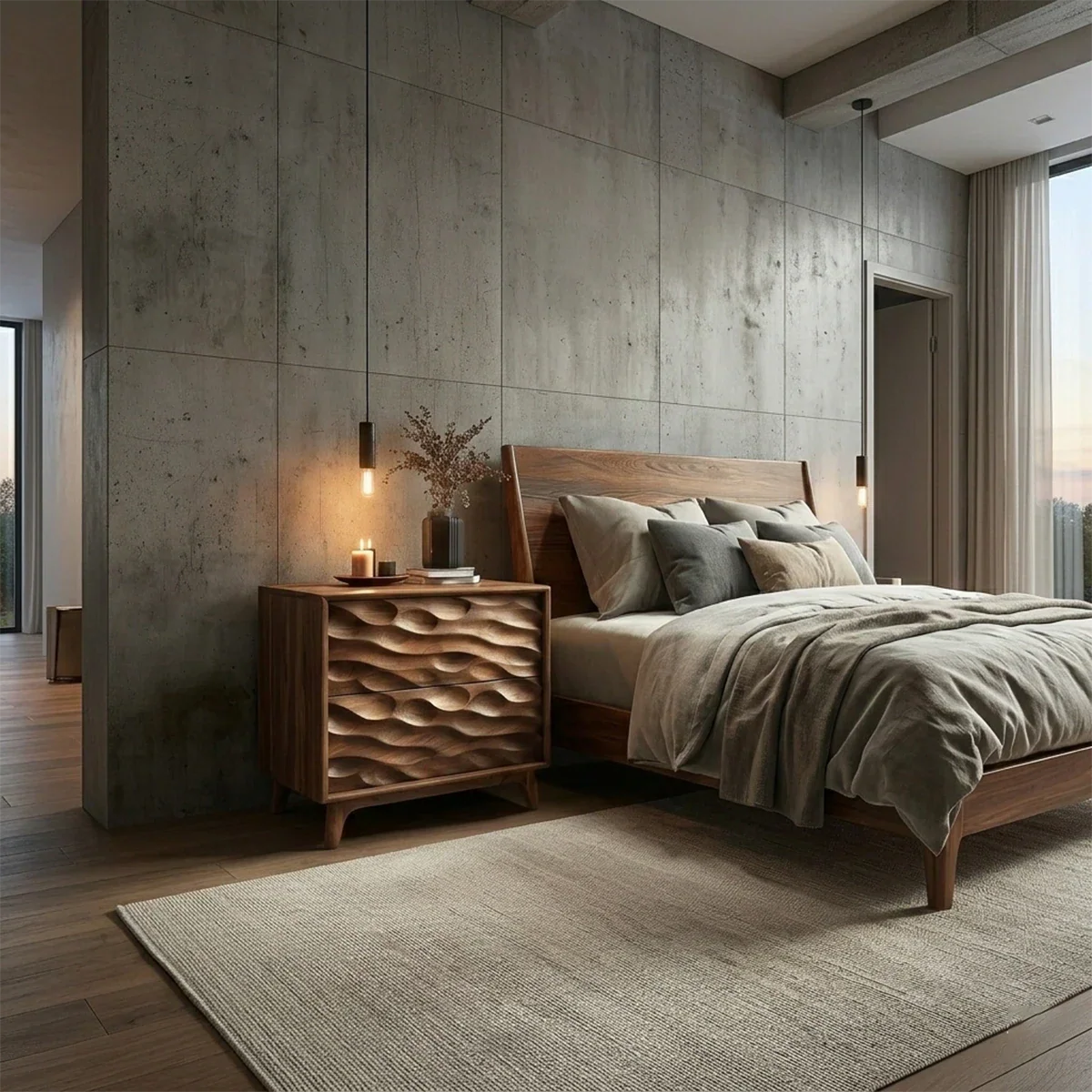 Elegant bedroom nightstand designed with pronounced carved surface and warm walnut tone finish