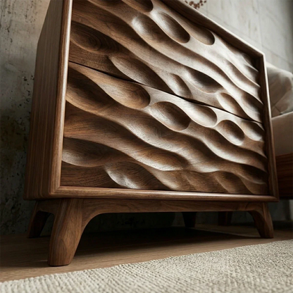 Decorative modern nightstand featuring bold sculptural carving and rich walnut tone finish