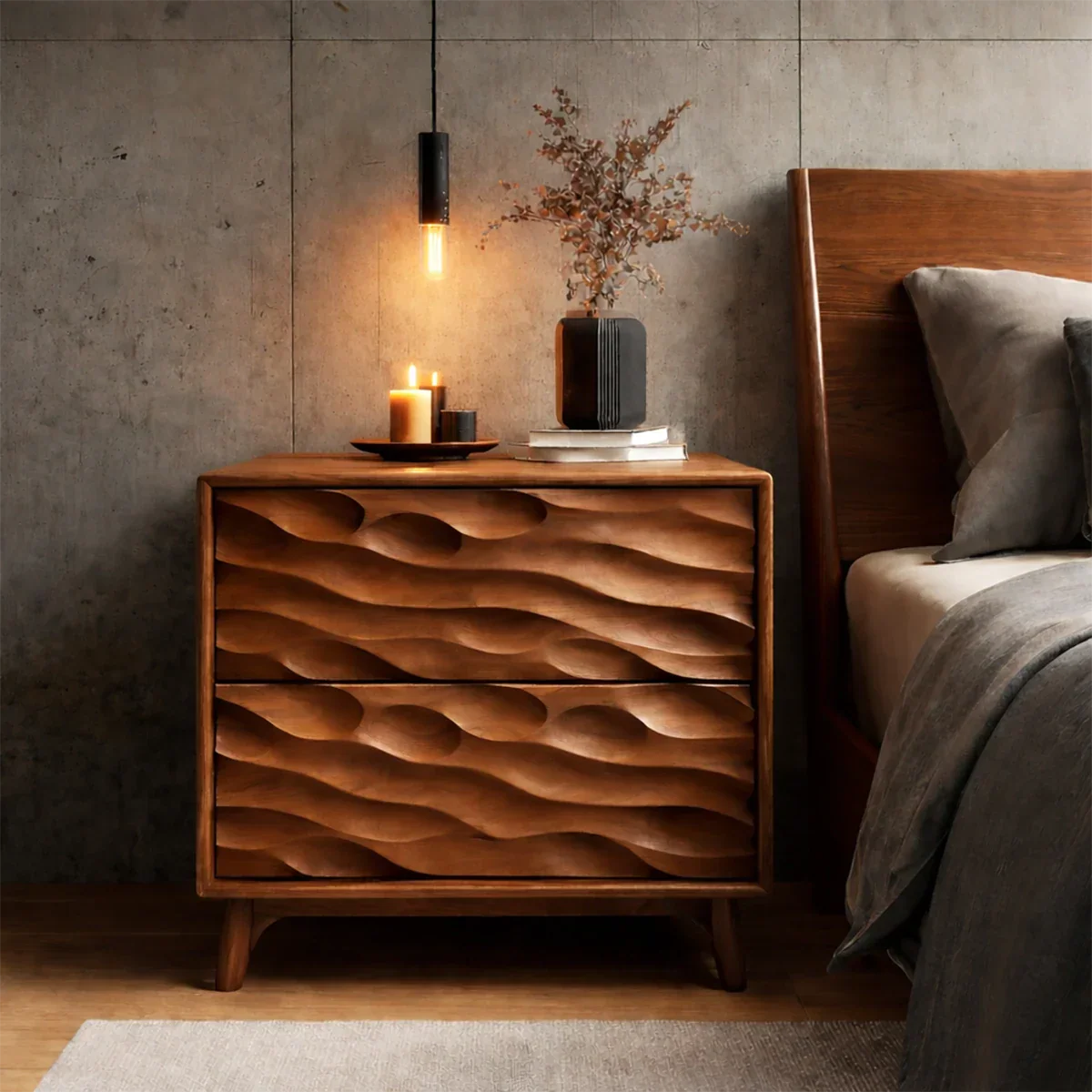 Luxury bedroom nightstand showcasing dimensional carved fronts and refined brown tone finish