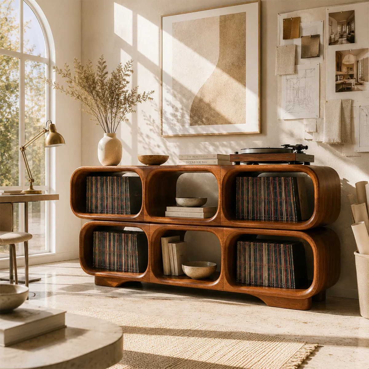 Designer vinyl media storage for turntable systems with sculptural open compartments
