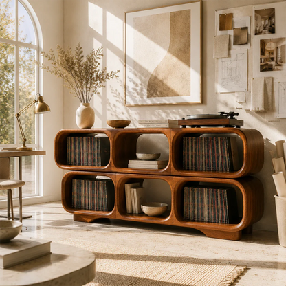 Designer vinyl media storage for turntable systems with sculptural open compartments