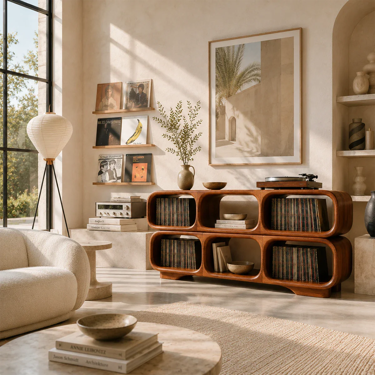 Modern record player furniture with spacious LP storage and rounded display shelves