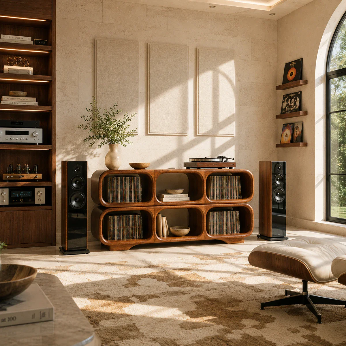 Contemporary vinyl storage cabinet featuring dedicated turntable display surface