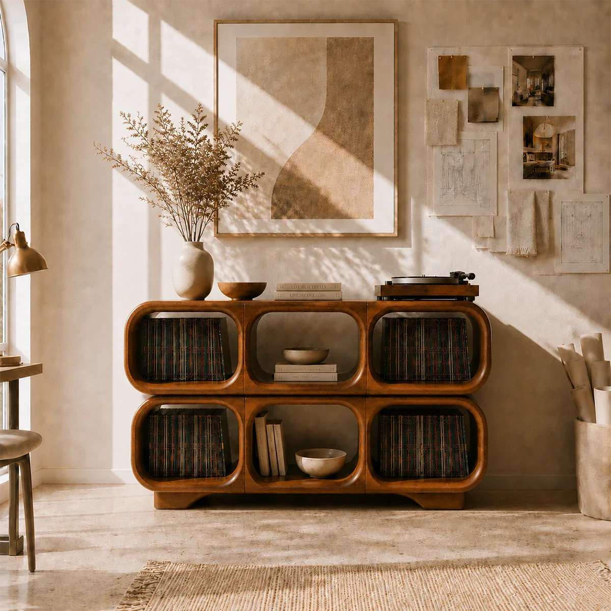Architectural media storage unit for turntables and organized vinyl collections