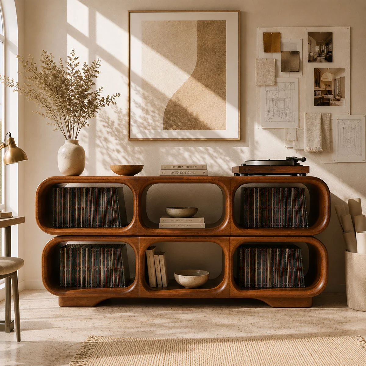Organic record organizer with open shelving for LP albums and listening equipment