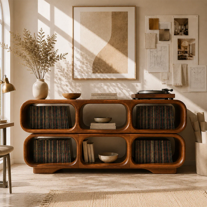 Organic record organizer with open shelving for LP albums and listening equipment