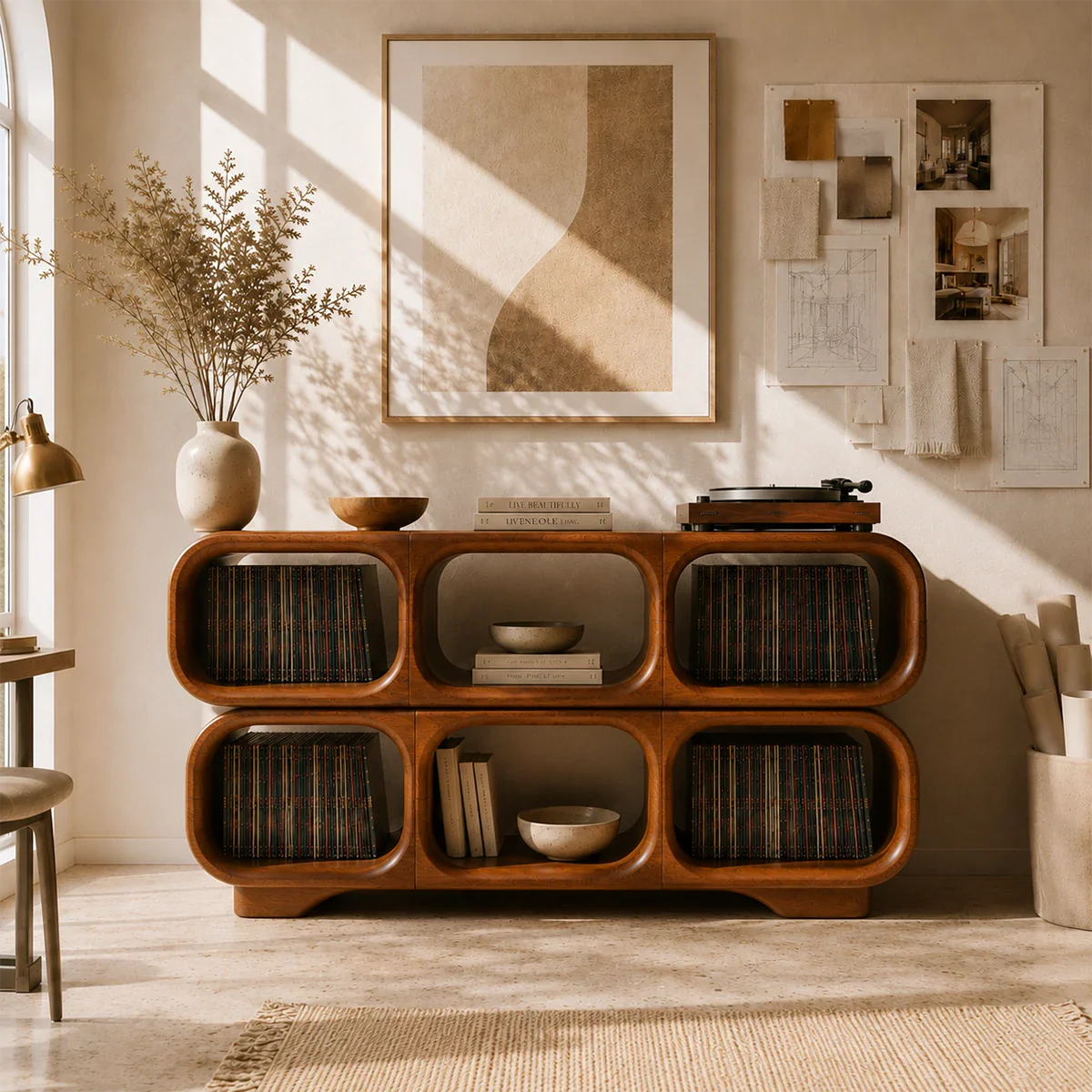 Open vinyl record cabinet with sculptural compartments for modern listening spaces