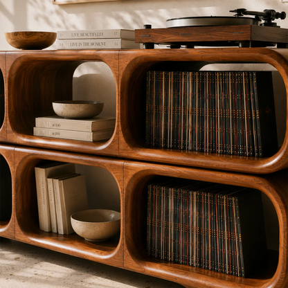 Sculptural turntable furniture designed for vinyl collections and audio accessories