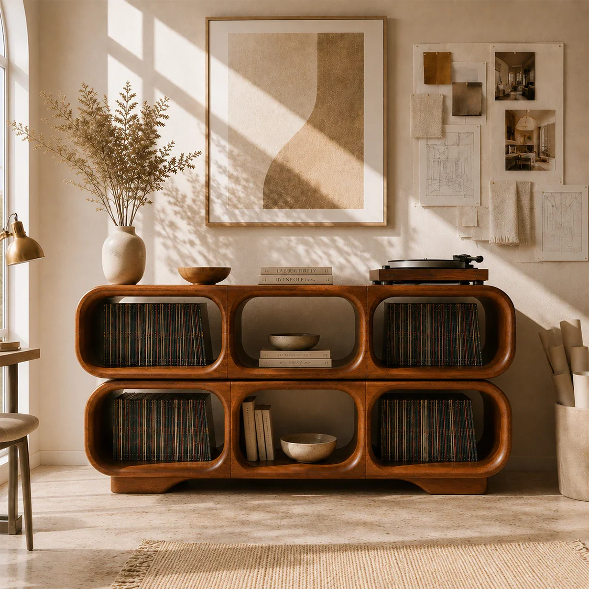 Designer audio furniture offering dedicated LP storage and turntable display surface