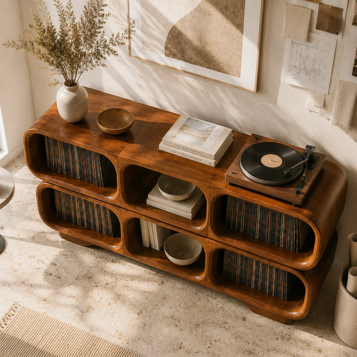 Luxury LP storage furniture with open display compartments for record collections