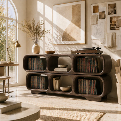 Premium vinyl display cabinet featuring curved shelves for albums and turntables