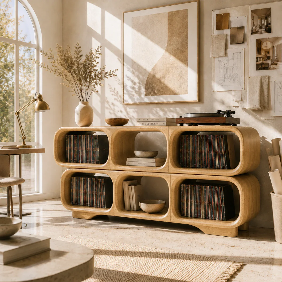 Modern audio storage furniture with spacious record compartments and display top
