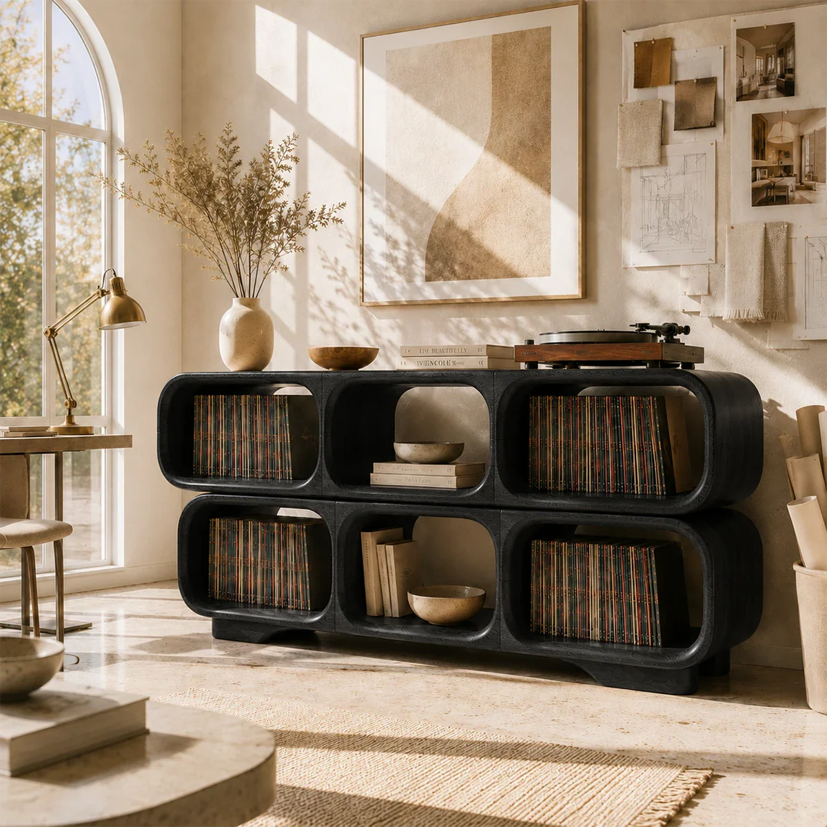 Elegant record collection organizer with sculptural shelving for vinyl enthusiasts