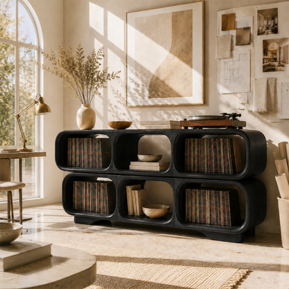 Elegant record collection organizer with sculptural shelving for vinyl enthusiasts