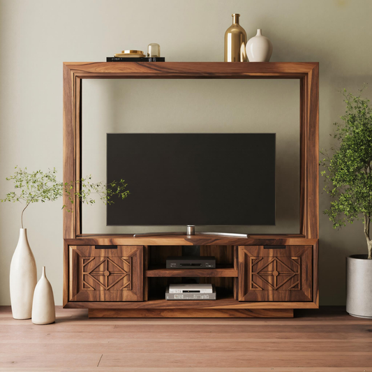 Geometric Carved TV Frame With Storage For Living Room