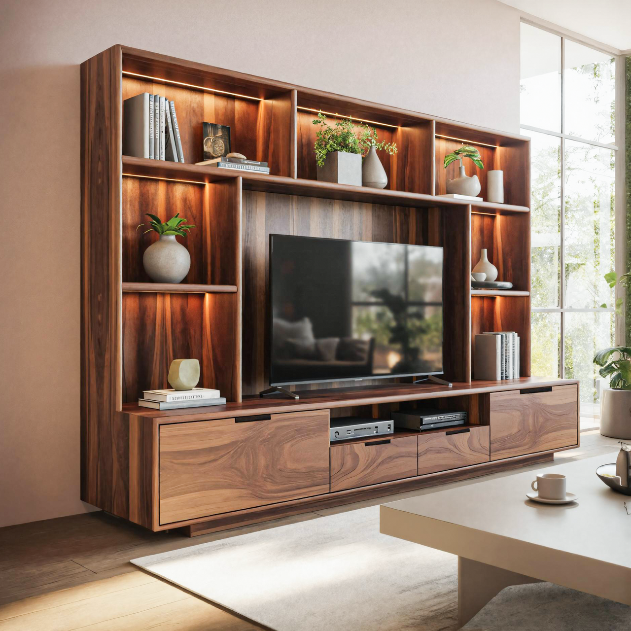 Modern TV Wall Unit With LED Shelves For Living Room