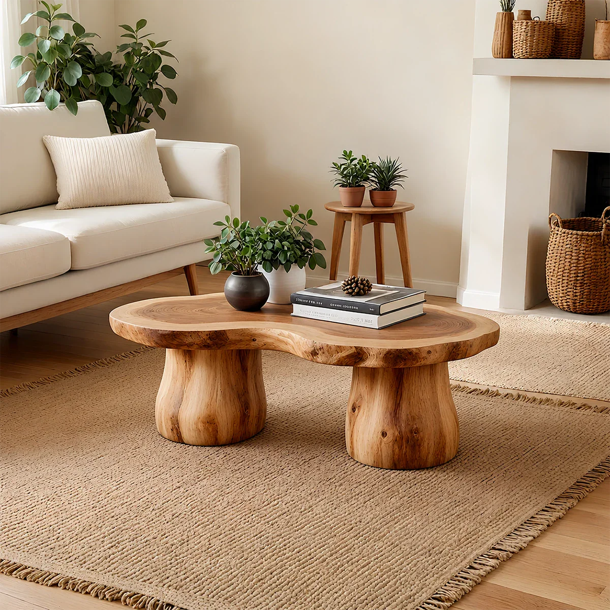 Organic Form Coffee Table – Solid Wood Sculpted Center Table for Home