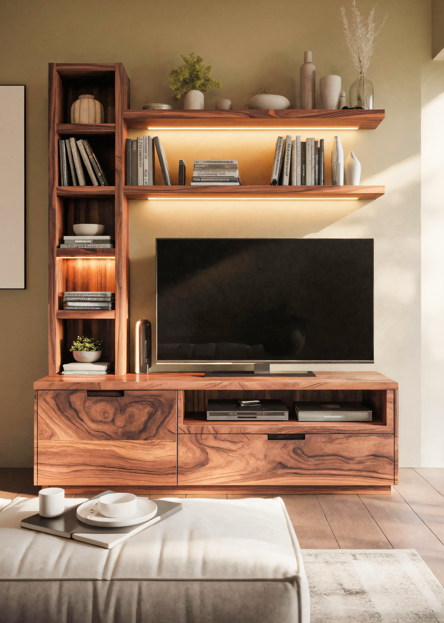 Modern TV Stand With Bookshelf And Lighting For Living Room