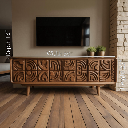 Hand Carved TV Console With Geometric Doors For Living Room