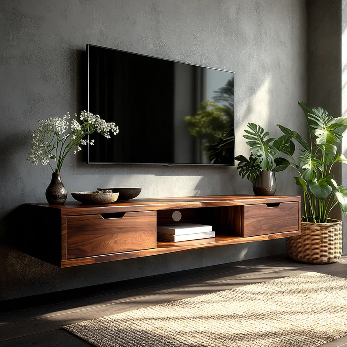 Modern floating TV stand with clean drawer storage for contemporary living room interiors