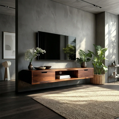 Wall mounted media console featuring minimalist storage and sleek modern organization