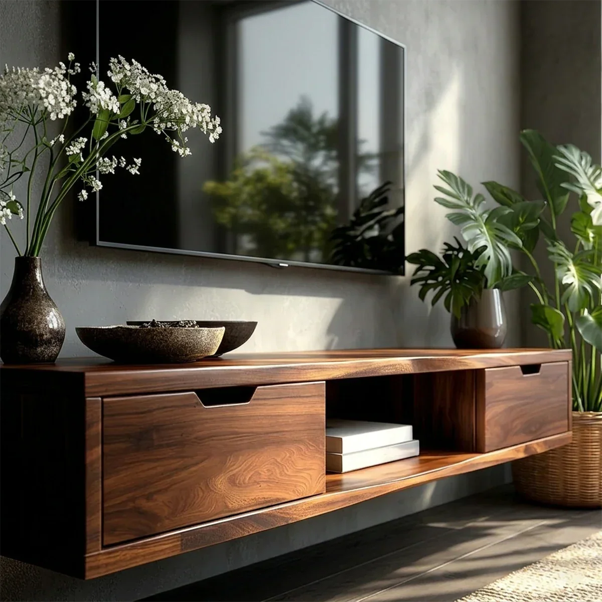 Contemporary entertainment center with floating design and spacious open shelving layout