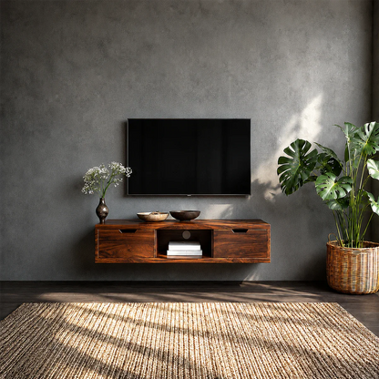 Floating Solid Wood TV Stand with Minimalist Storage and Open Shelf Design
