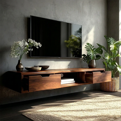 Minimalist television stand showcasing streamlined storage and modern wall mounted styling