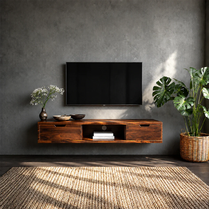 Floating Solid Wood TV Stand with Minimalist Storage and Open Shelf Design
