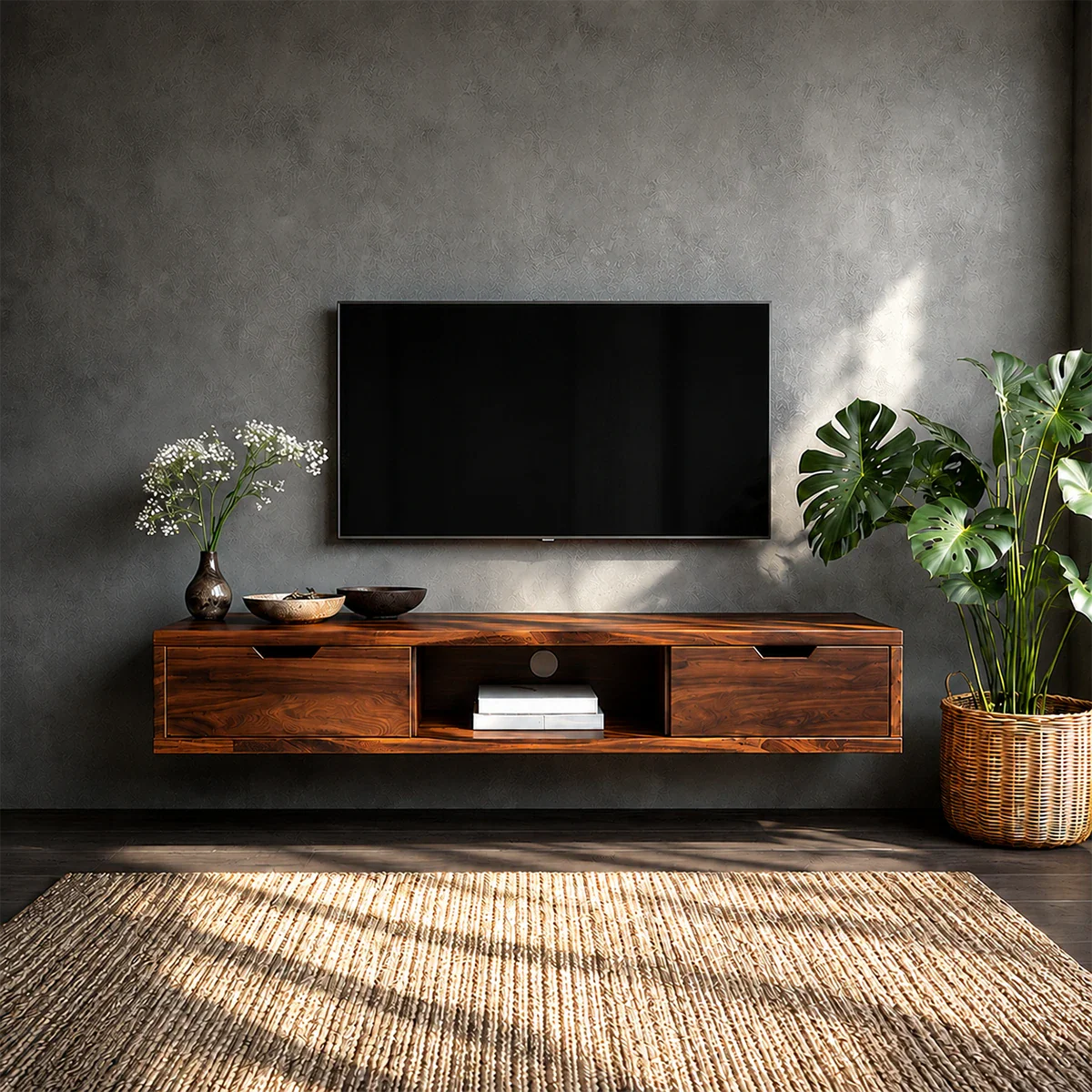 Floating Solid Wood TV Stand with Minimalist Storage and Open Shelf Design