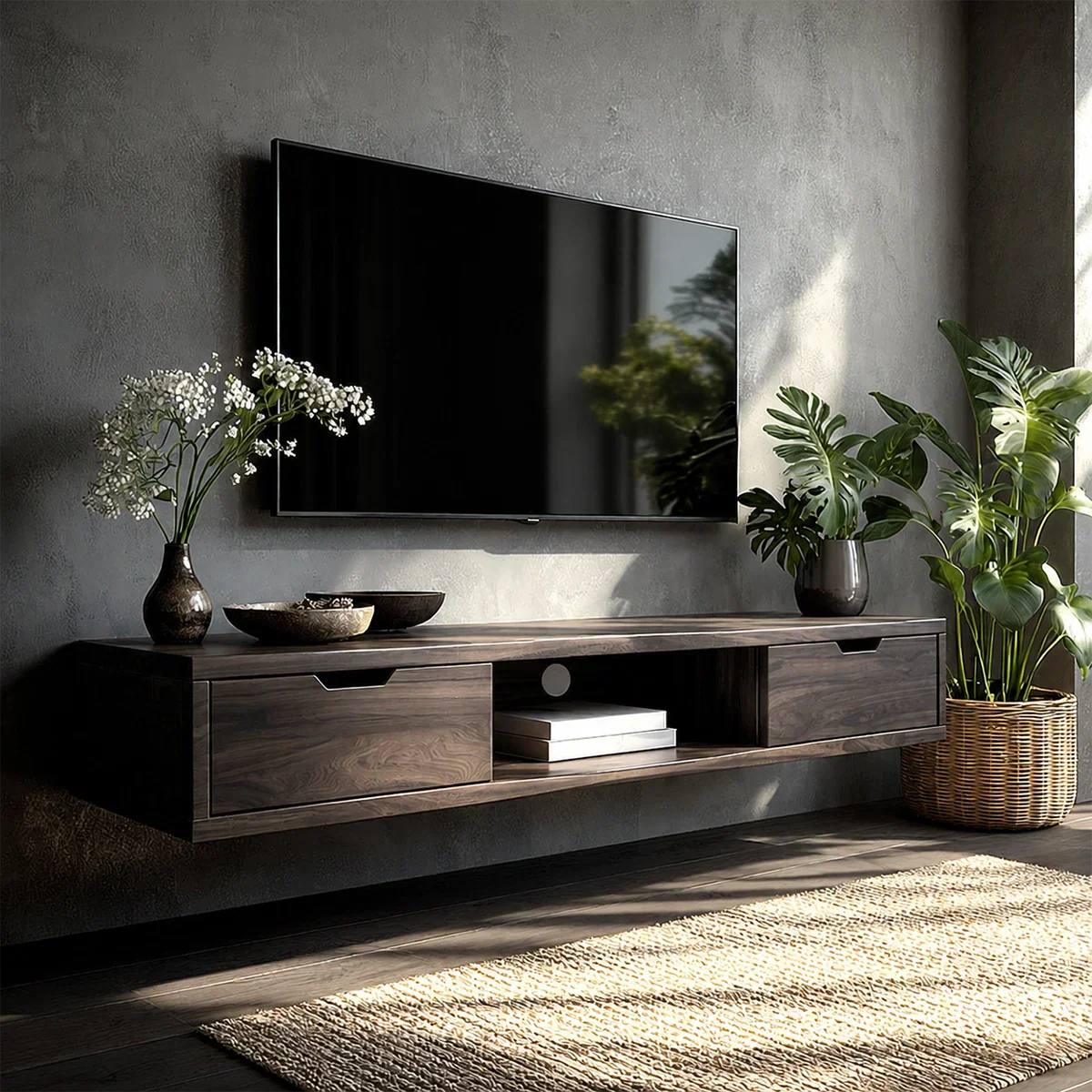 Elegant media cabinet with floating construction and refined entertainment storage design