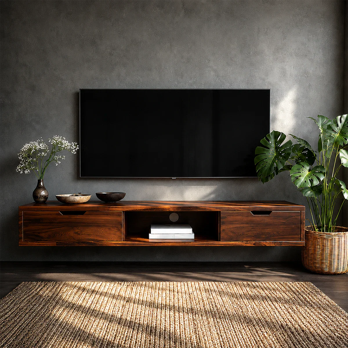 Floating Solid Wood TV Stand with Minimalist Storage and Open Shelf Design