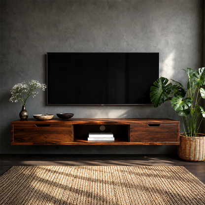 Floating Solid Wood TV Stand with Minimalist Storage and Open Shelf Design