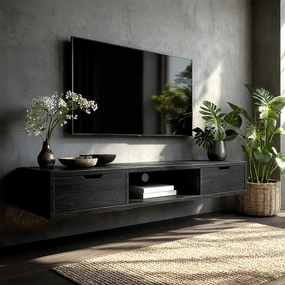 Modern living room media console with floating silhouette and practical storage space