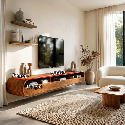 Long floating media console showcasing clean modern lines and natural wood finish storage