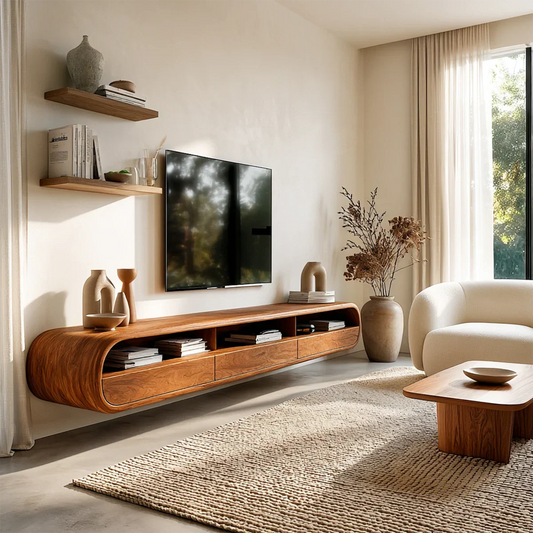 Floating TV stand featuring curved edges and natural wood finish for modern living room storage