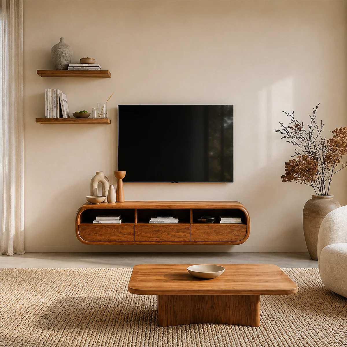 Floating Open Shelf TV Stand Solid Wood Media Console Storage Cabinets