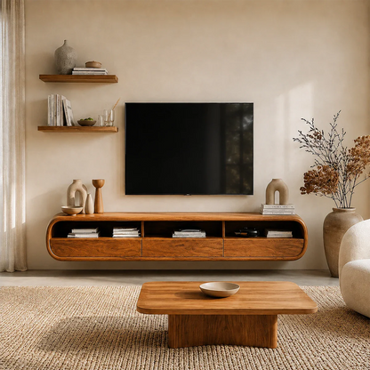 Floating Open Shelf TV Stand Solid Wood Media Console Storage Cabinets