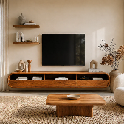 Floating Open Shelf TV Stand Solid Wood Media Console Storage Cabinets