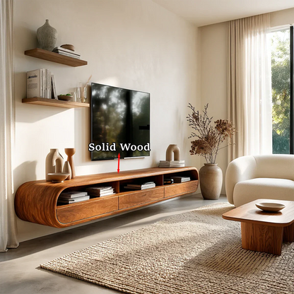 Rustic modern TV stand featuring curved architectural styling and natural wood finish