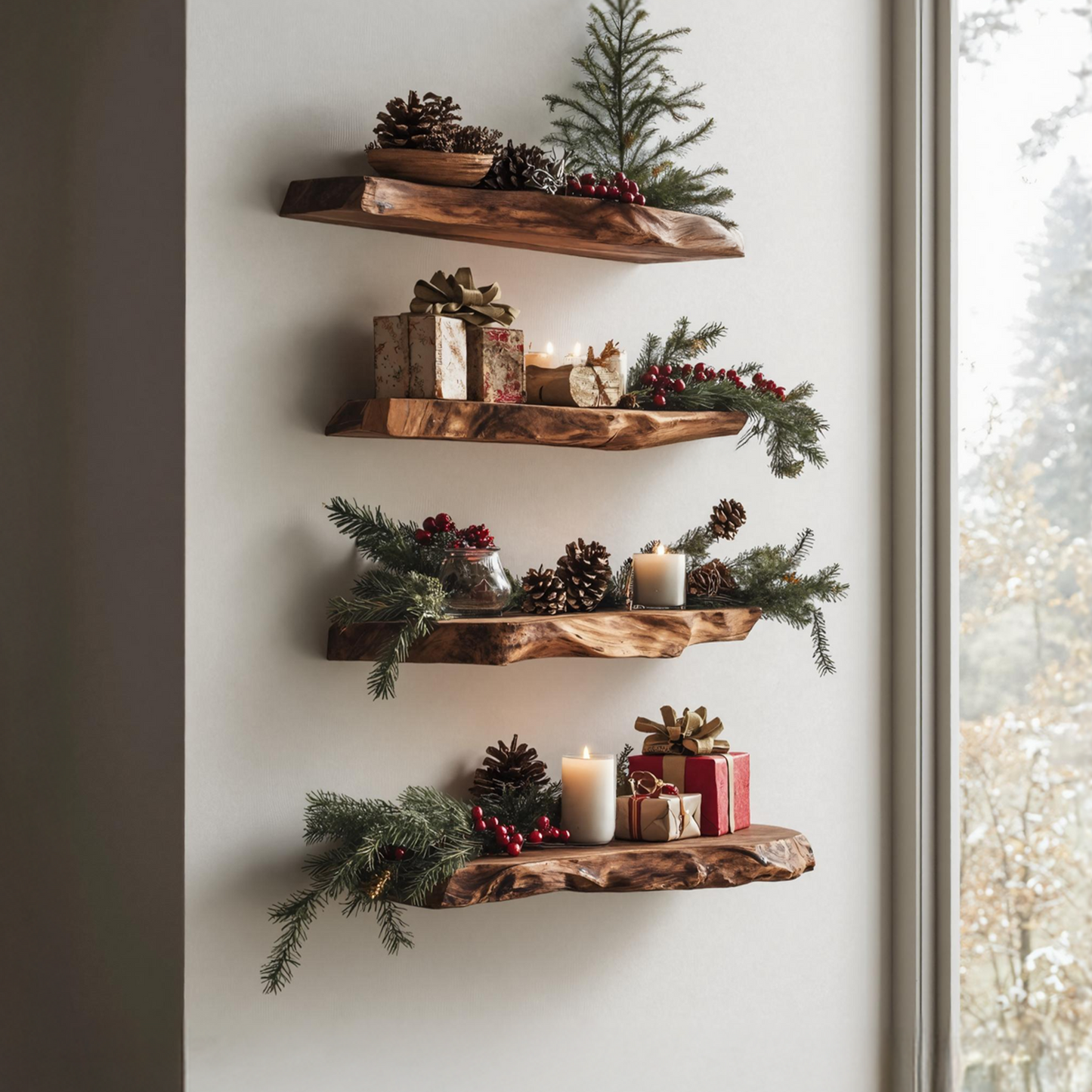 Handcrafted Solid Wood Floating Shelf For Cozy Christmas Living Room
