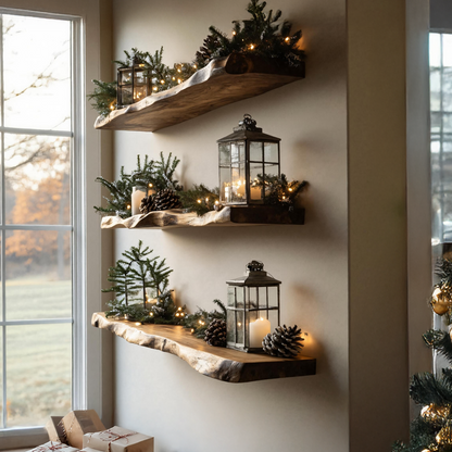 Mid Century Live Edge Floating Shelf For Holiday Bedroom Decoration