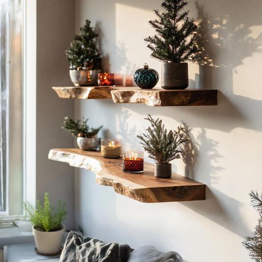 Mid Century Wooden Floating Shelf For Cozy Christmas Bedroom Setup