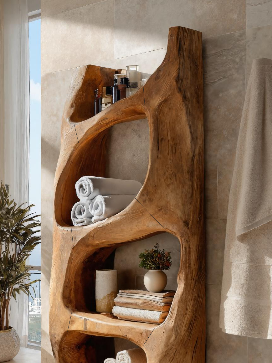 Handcrafted Sculptural Bathroom Shelf For Towels Or Spa Storage