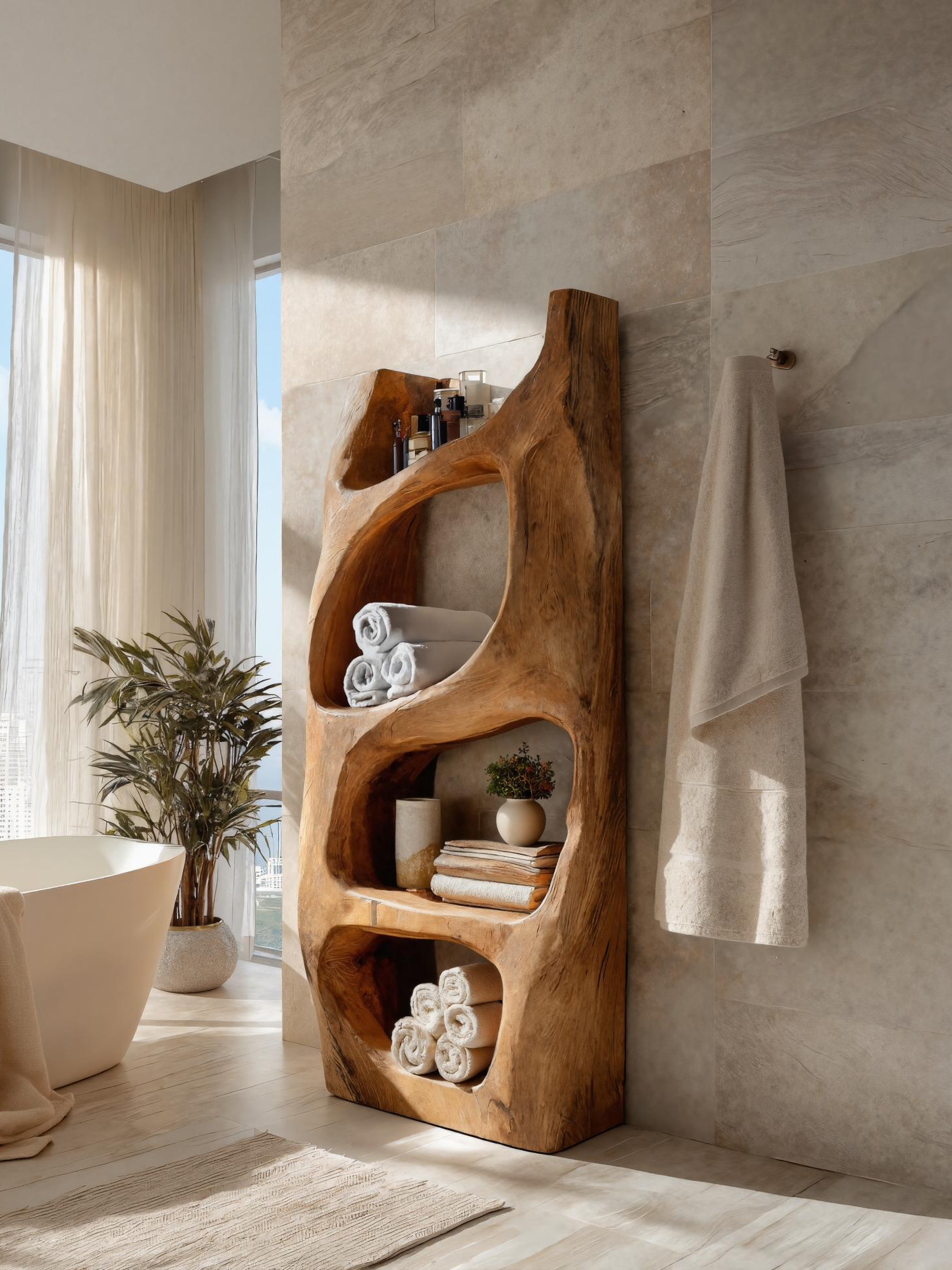 Handcrafted Sculptural Bathroom Shelf For Towels Or Spa Storage