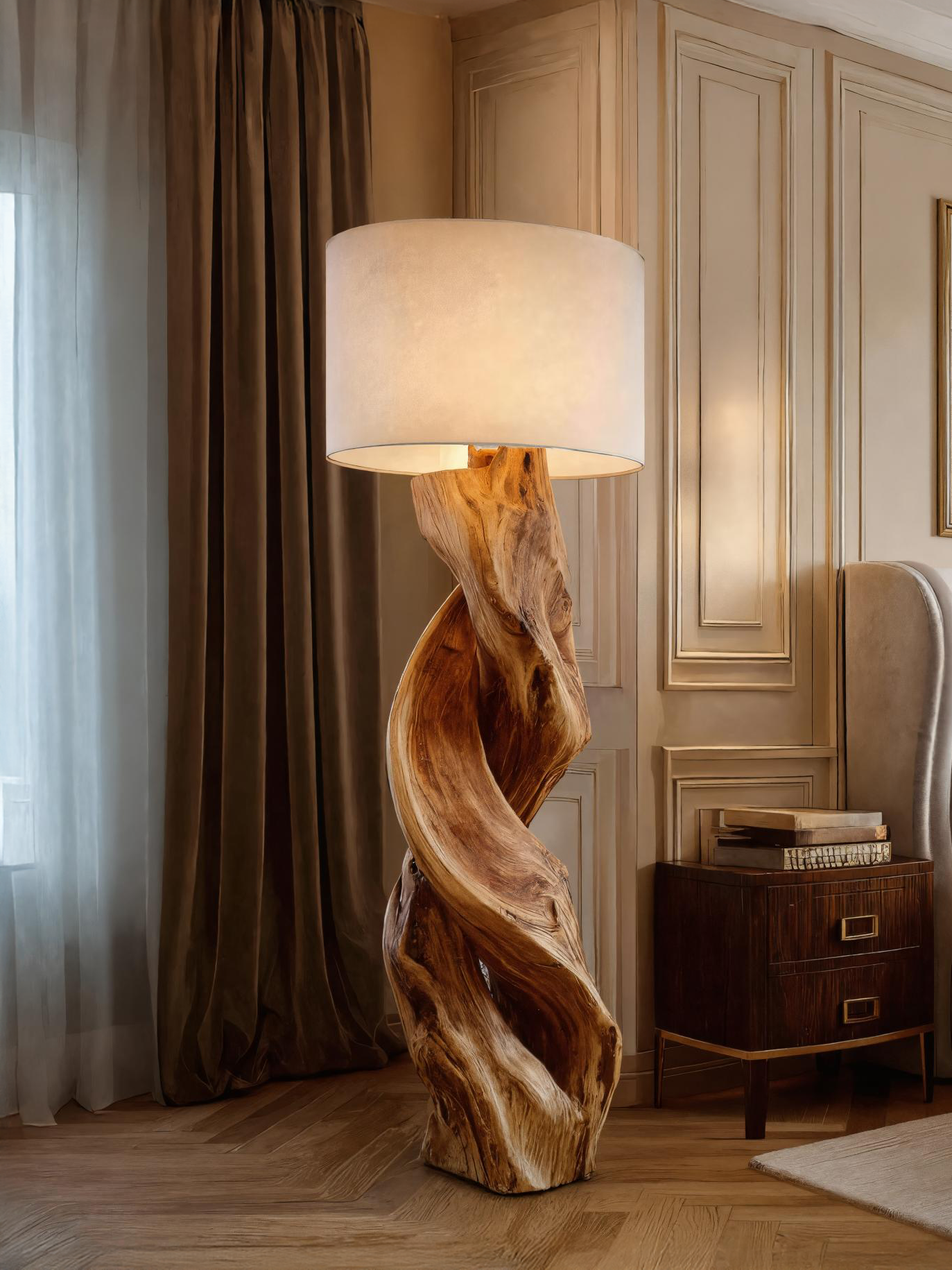 Rustic Sculptural Floor Lamp With Twisted Base For Bedroom