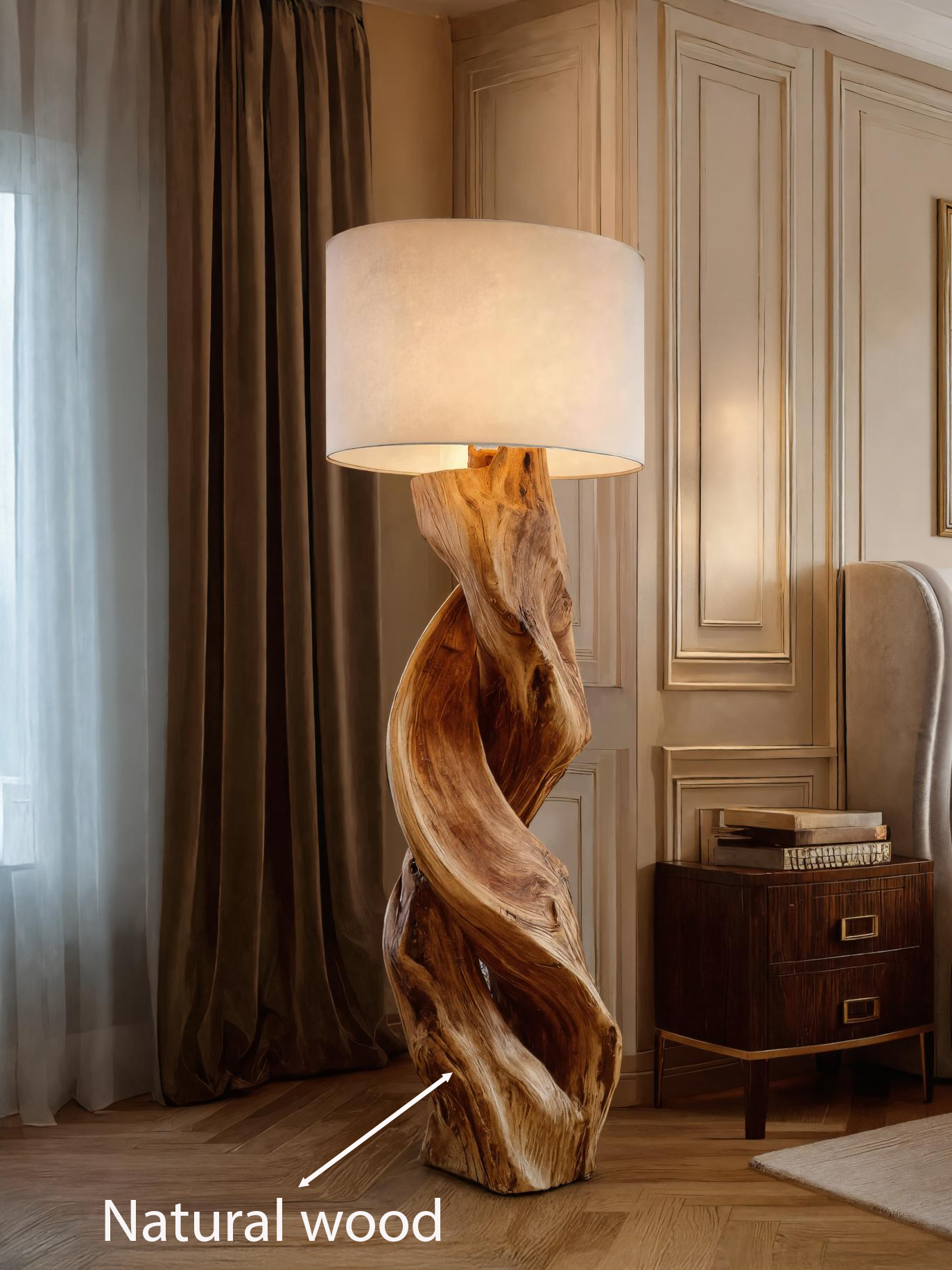 Rustic Sculptural Floor Lamp With Twisted Base For Bedroom