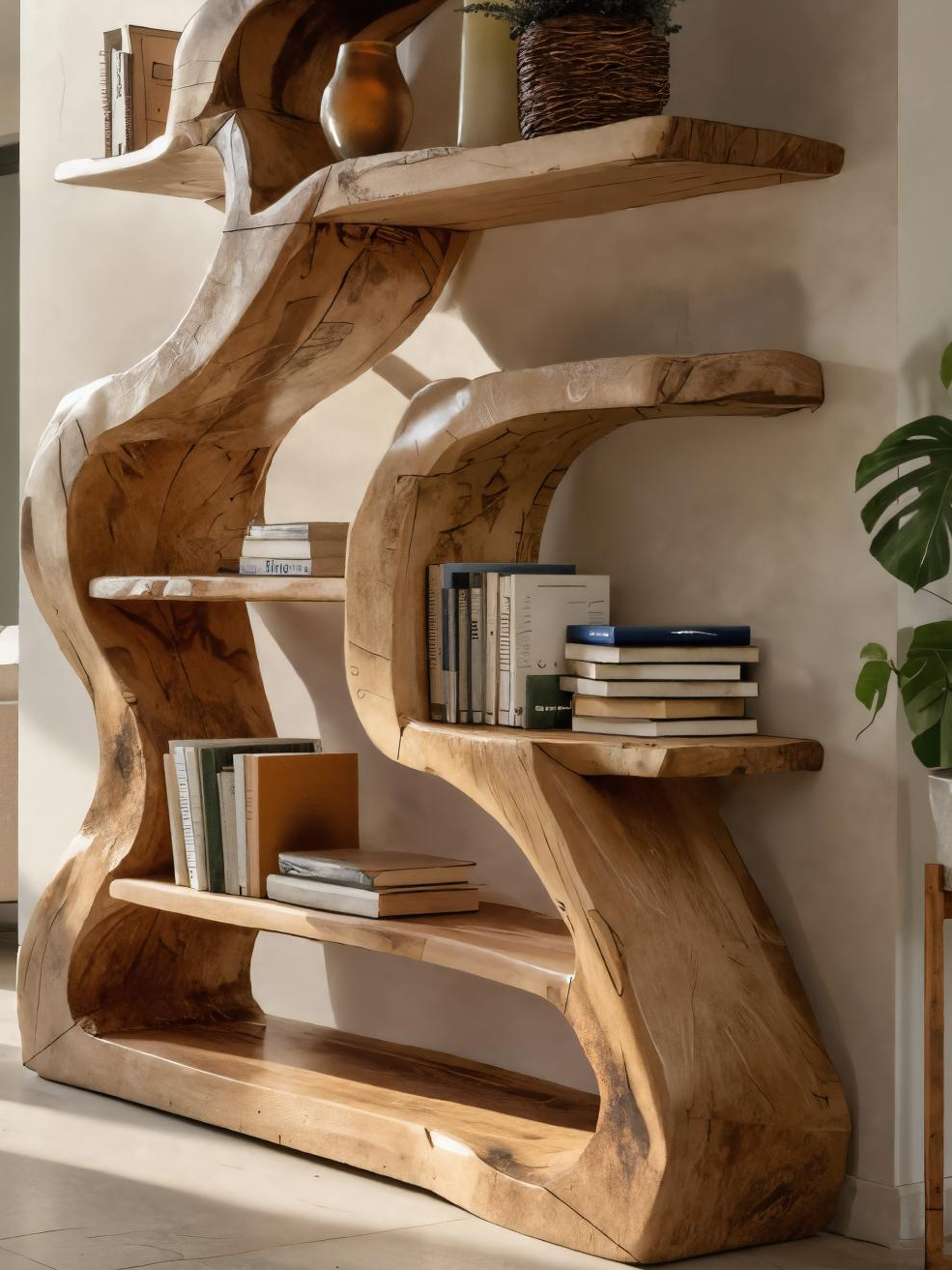 Organic Sculptural Bookshelf With Curved Design For Living Room